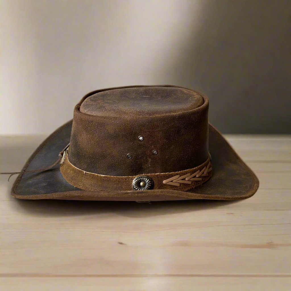 Genuine Cowhide Leather Handmade Western Outback Cowboy Hat, Pioneer, Mocha