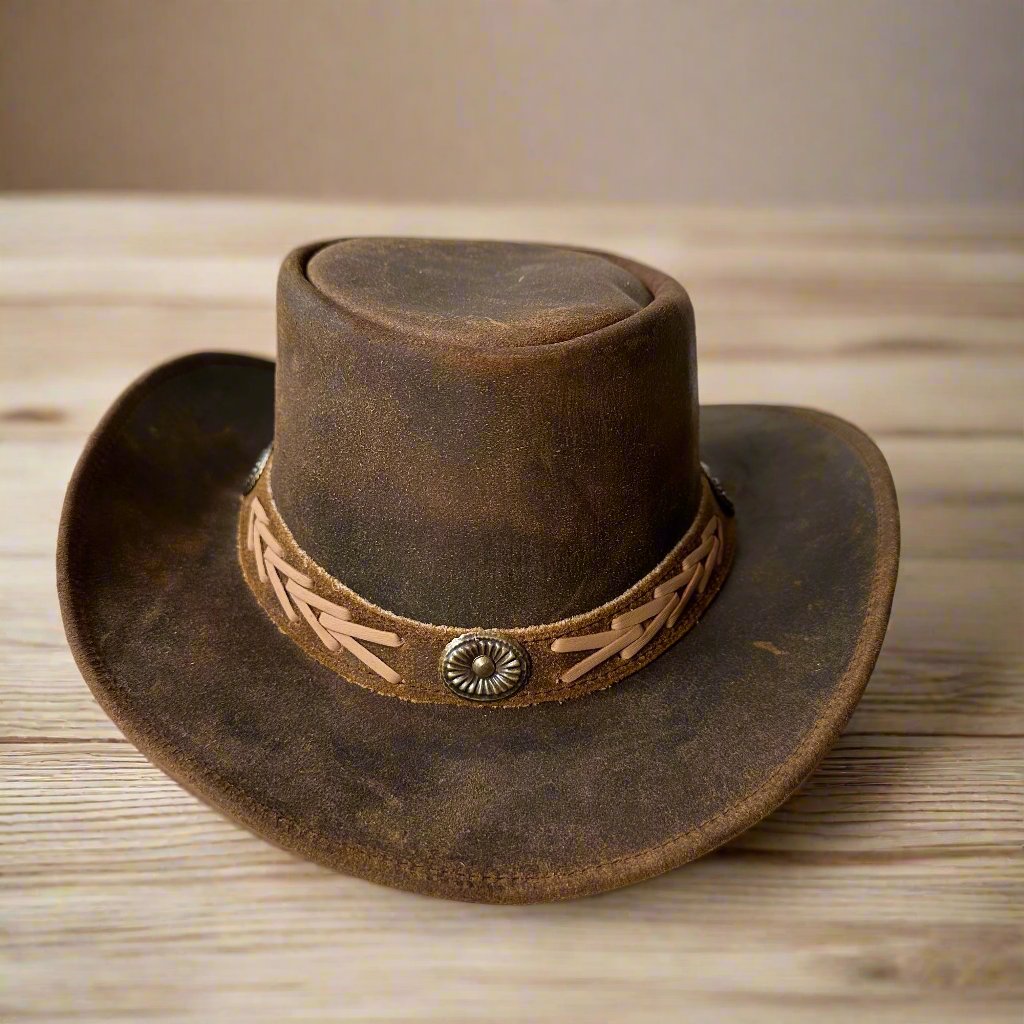 Genuine Cowhide Leather Handmade Western Outback Cowboy Hat, Pioneer, Mocha