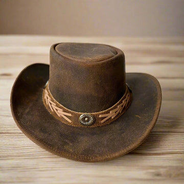 Cowhide Leather Handmade Western Outback Cowboy Hat, Pioneer, Mocha