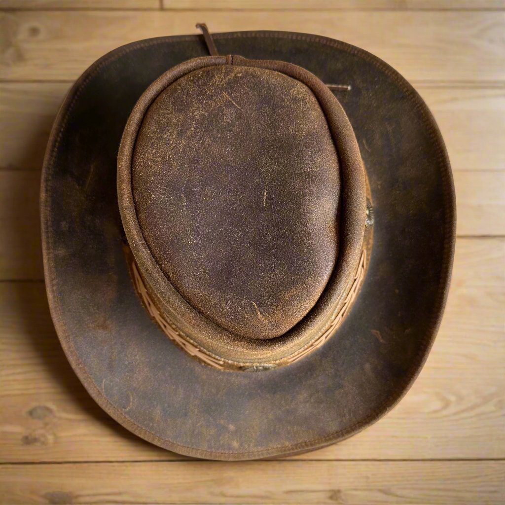 Genuine Cowhide Leather Handmade Western Outback Cowboy Hat, Pioneer, Mocha