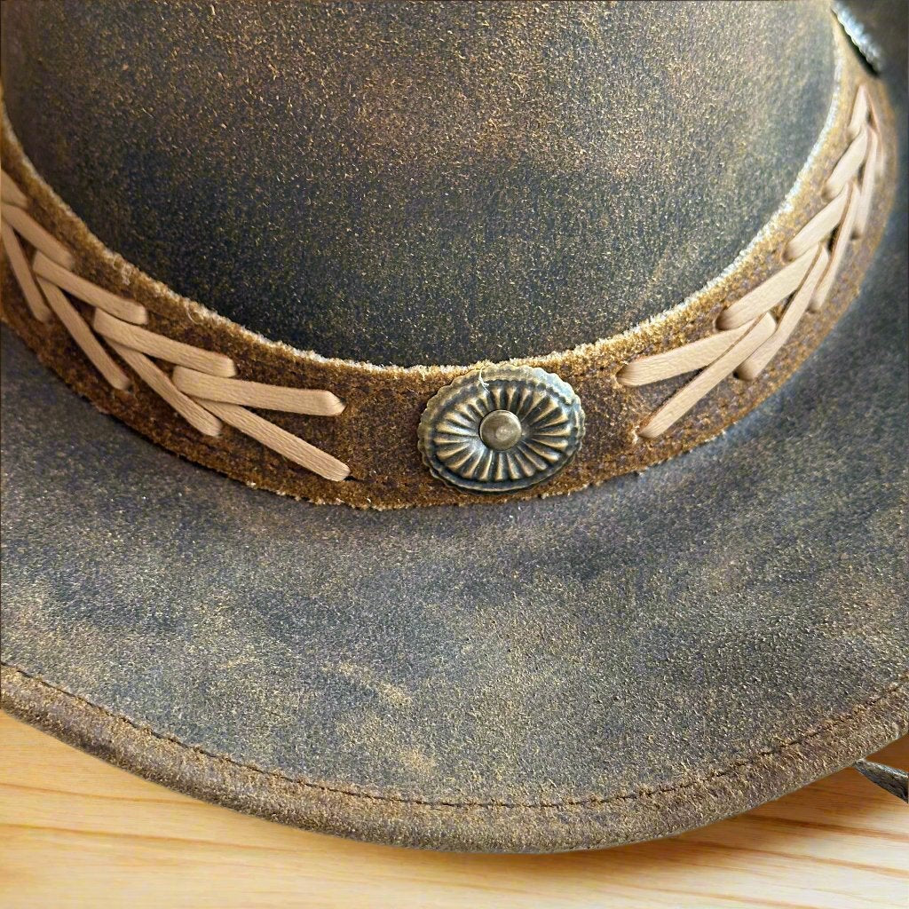 Genuine Cowhide Leather Handmade Western Outback Cowboy Hat, Pioneer, Mocha