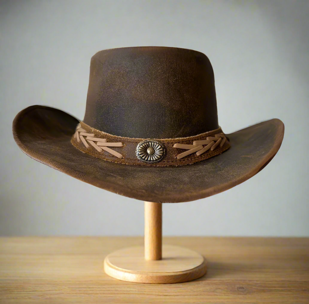 Genuine Cowhide Leather Handmade Western Outback Cowboy Hat, Pioneer, Mocha