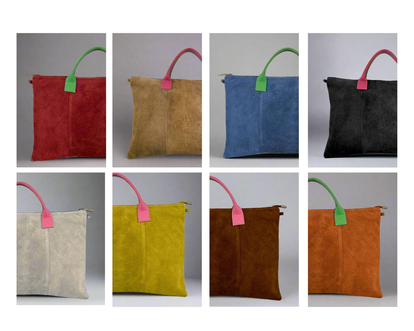 Milano Suede Bag, Taupe, with Adjustable Shoulder Strap, Fuchsia & Green Leather Handles by Clemés
