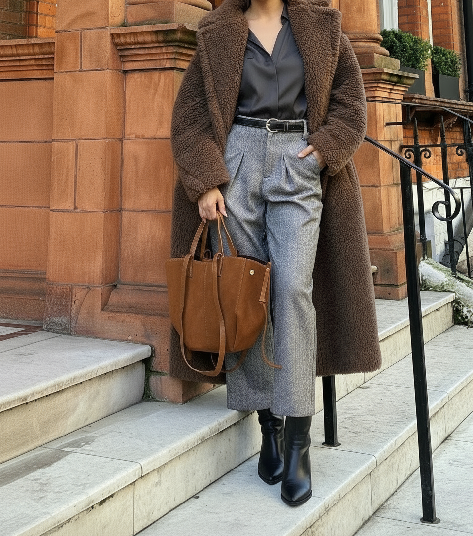 Woman wearing the Chocolate Liviana tote bag on the steps outdoors