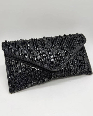 Perlette Pearl & Crystal Envelope Clutch by Clemés in Black, studio shot