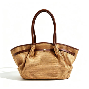Serafina Raffia & Leather Shopper by Clemés in Dark Brown, three-quarter studio shot on grey background