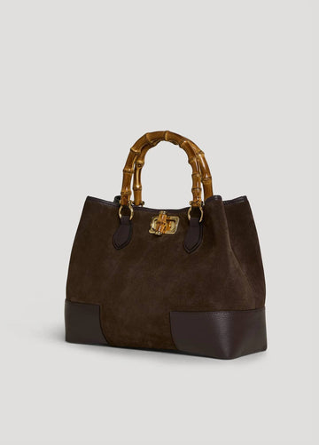 Ginevra Suede Bamboo Tote Bag by Clemés in Dark Brown, studio shot