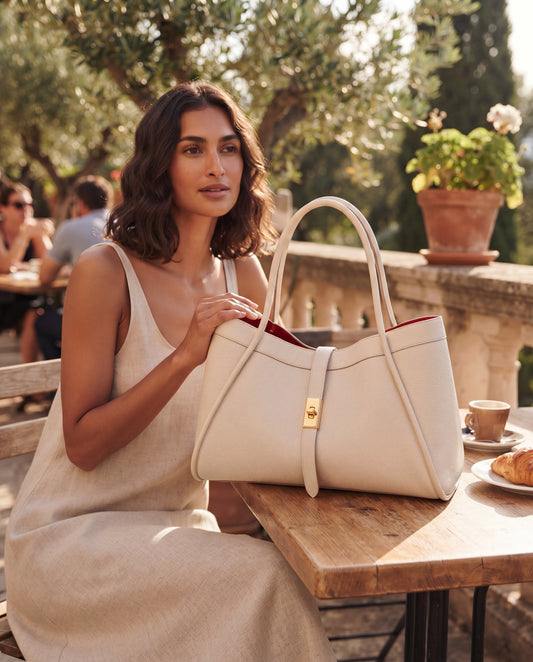 Woman with the Oyster Bianca Large Leather Handbag by Clemés at a sunlit café terrace