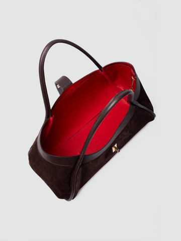 Bianca Large Suede Handbag by Clemés in Dark Brown, overhead view of the empty interior showing the red lining