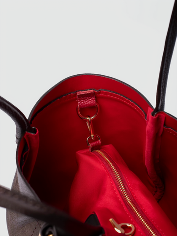 Bianca Large Suede Handbag by Clemés in Dark Brown, close-up of the removable zip pouch and its clip