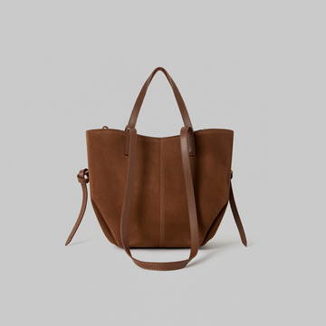Liviana Suede & Leather Tote Bag by Clemés in Chocolate, studio shot on grey background