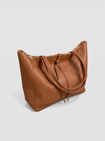 Carlotta oversized leather tote by Clemés in Dark Tan leather, three-quarter studio view