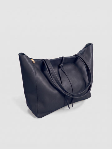 Carlotta oversized leather tote by Clemés in Navy leather, three-quarter studio view