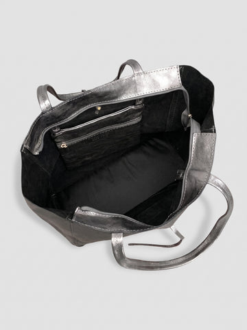 Carlotta oversized leather tote by Clemés in Titanium metallic leather, interior view showing the black suede lining and zip pocket