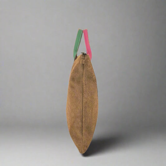 Milano Suede Bag, Tan, with Adjustable Shoulder Strap, Fuchsia & Green Leather Handles by Clemés