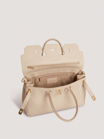 Letizia Oyster Calfskin Bag by Clemés – flap open showing the interior