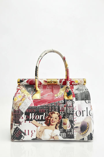 Dalia leather top-handle bag by Clemés, Journal newsprint pin-up collage print, front view