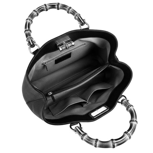 Ginevra Bamboo-Handle Leather Bag by Clemés in Black, interior view