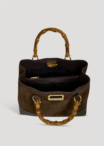 Ginevra Suede Bamboo Tote Bag by Clemés in Dark Brown, interior view