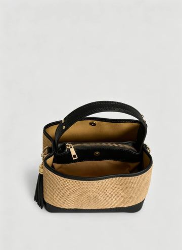 Cosima Raffia & Leather Bag by Clemés in Black, side view