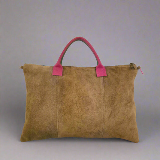 Milano Suede Bag, Tan, with Adjustable Shoulder Strap, Fuchsia & Green Leather Handles by Clemés