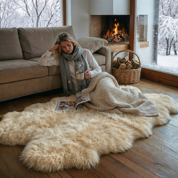 Champagne quad sheepskin rug by the fireplace in a cosy winter living room