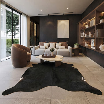 Black cowhide rug in a dark moody living room with bookshelf