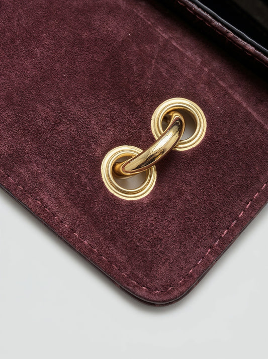 Clotilde Bamboo Croc Handbag by Clemés - Burgundy - close-up of gold ring hardware on suede interior flap