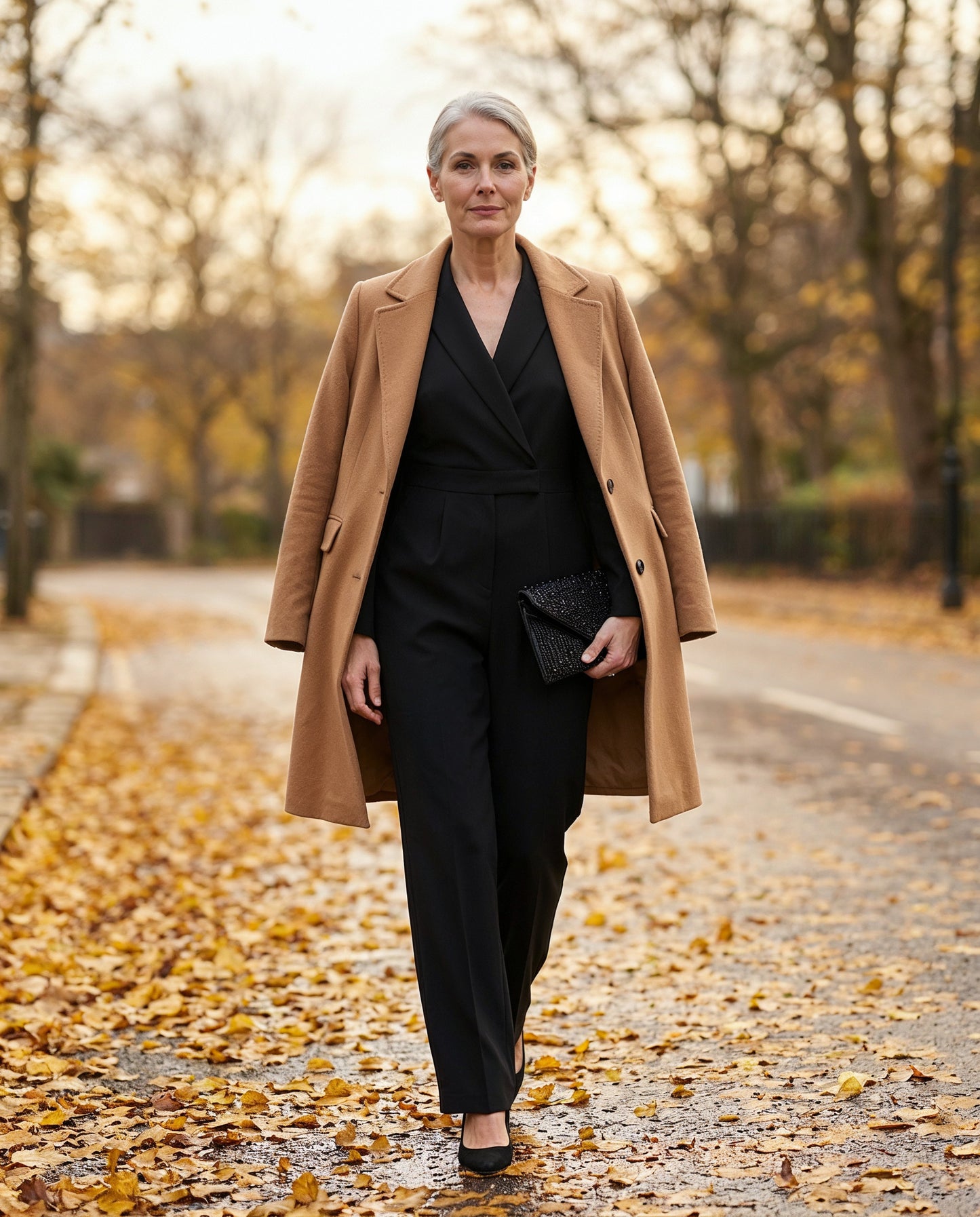Woman carrying the Black Perlette Pearl & Crystal Envelope Clutch on an autumn street