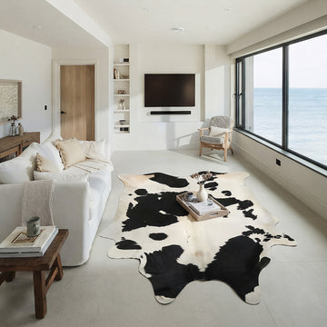 Black and white cowhide rug in a coastal living room