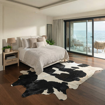 Black and white cowhide rug in a coastal ocean-view bedroom