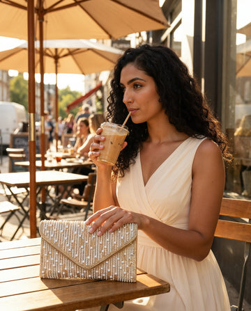 Woman with the Gold Perlette Pearl & Crystal Envelope Clutch at a golden café terrace