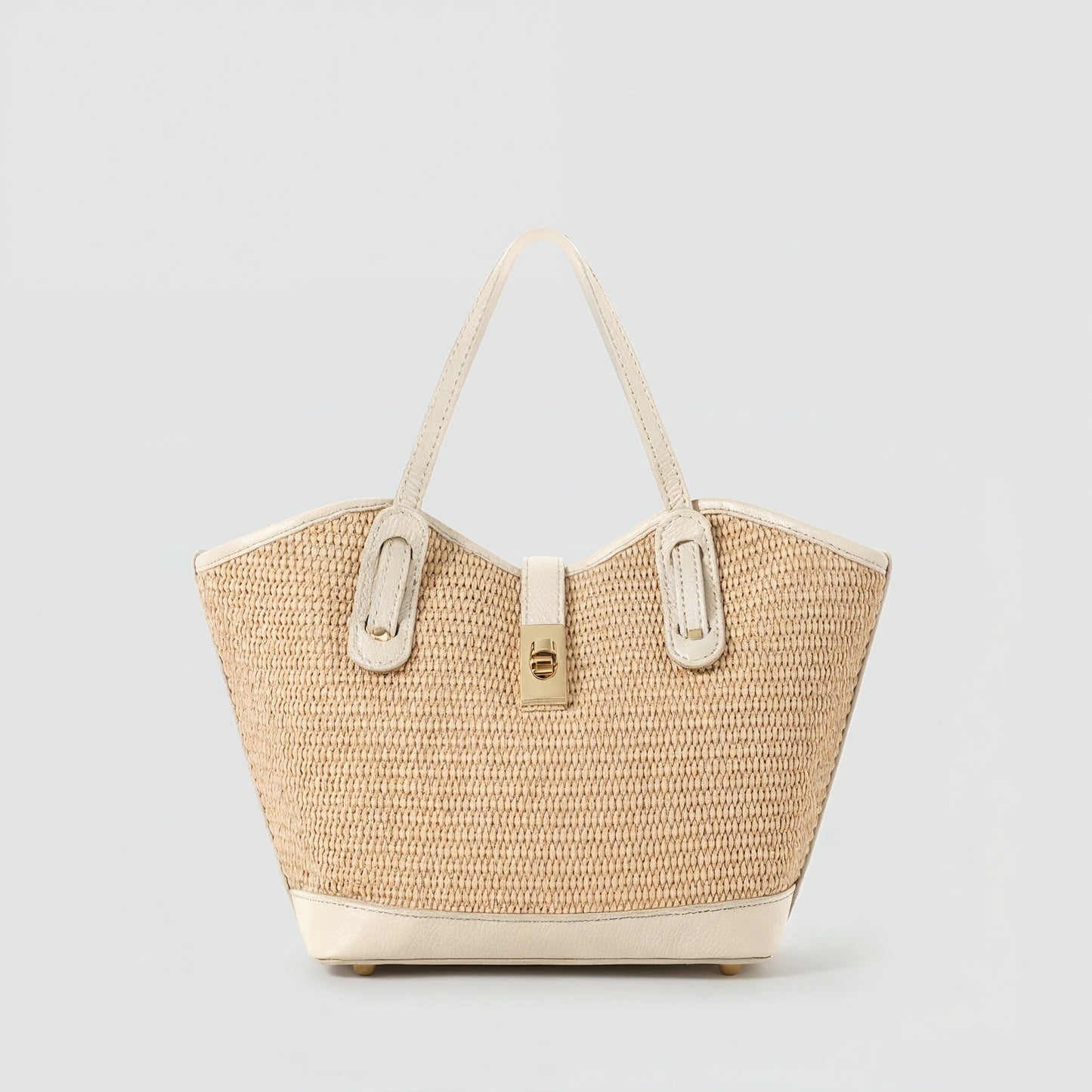 Sorrento raffia tote in Oyster, front view on a light grey studio background