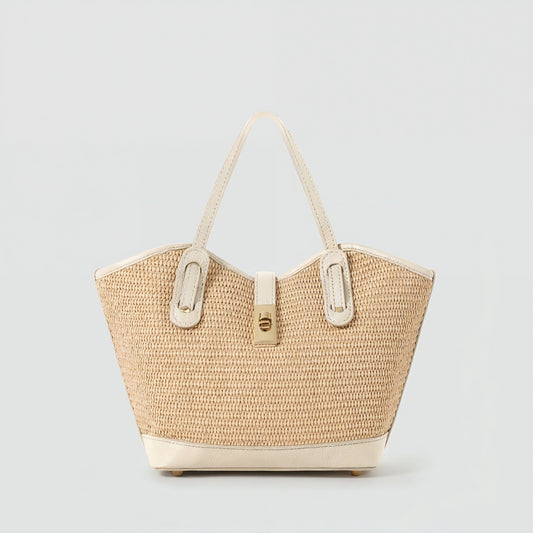 Sorrento raffia tote in Oyster, front view on a light grey studio background