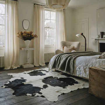 Black and white cowhide rug in a warm neutral bedroom