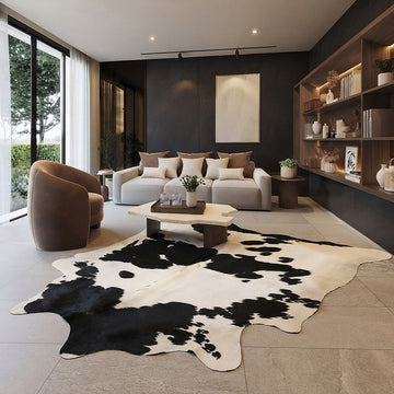 Black and white cowhide rug in a dark moody living room with bookshelf