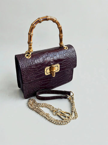 Clotilde Bamboo Croc Handbag by Clemés - Burgundy - alternate three-quarter front view