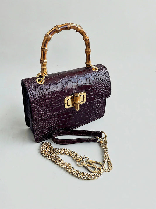 Clotilde Bamboo Croc Handbag by Clemés - Burgundy - alternate three-quarter front view