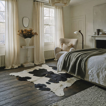 Espresso and ivory Holstein cowhide rug styled on the floor of a warm neutral bedroom