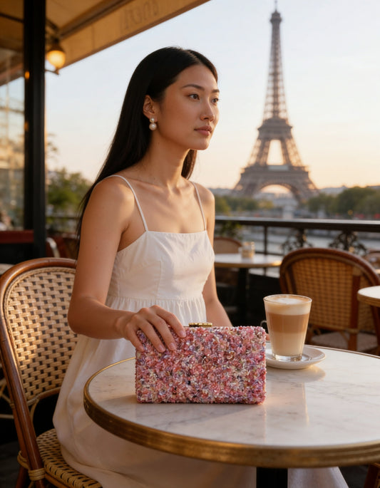 Woman with the Lilac Gemma Natural Stone Box Clutch at a Paris café terrace near the Eiffel Tower