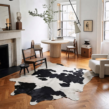 Black and white cowhide rug styled on the floor of a warm editorial dining nook