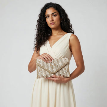 Model holding the Gold Perlette Pearl & Crystal Envelope Clutch in both hands, studio shot