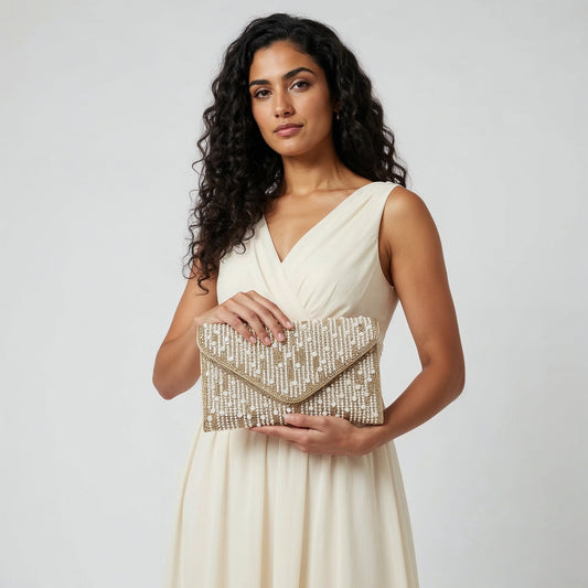Model holding the Gold Perlette Pearl & Crystal Envelope Clutch in both hands, studio shot
