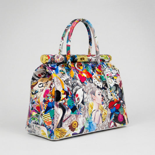 Dalia leather top-handle bag by Clemés - pop-art collage print, three-quarter view