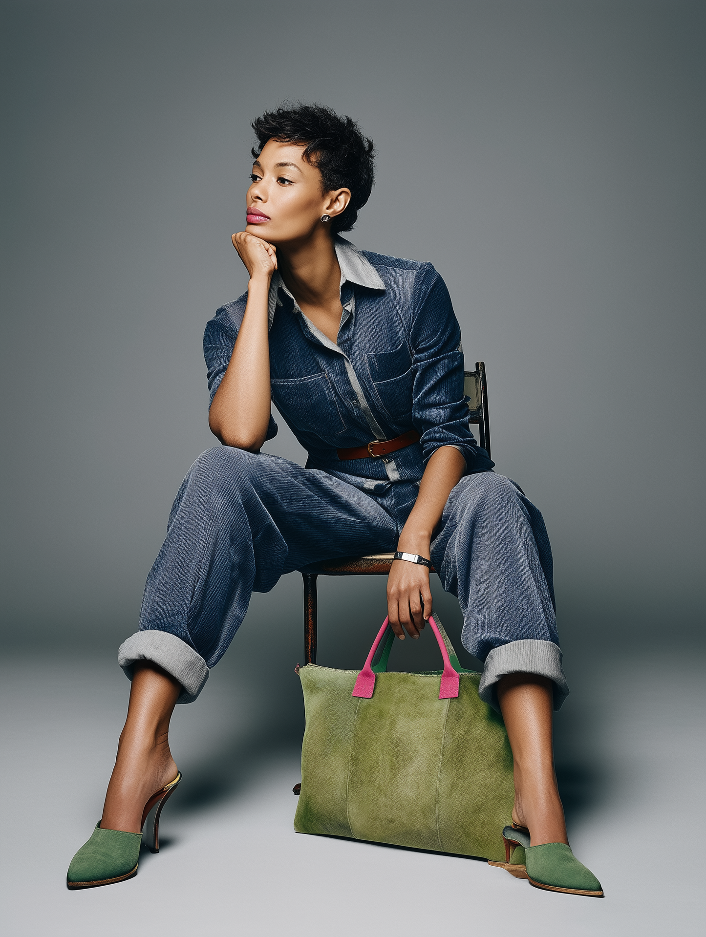 Milano Suede Bag, Olive, with Adjustable Shoulder Strap, Fuchsia & Green Leather Handles by Clemés