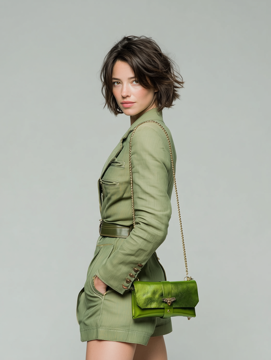Model wearing the Olive Anima clutch on her shoulder in a matching suit, studio shot