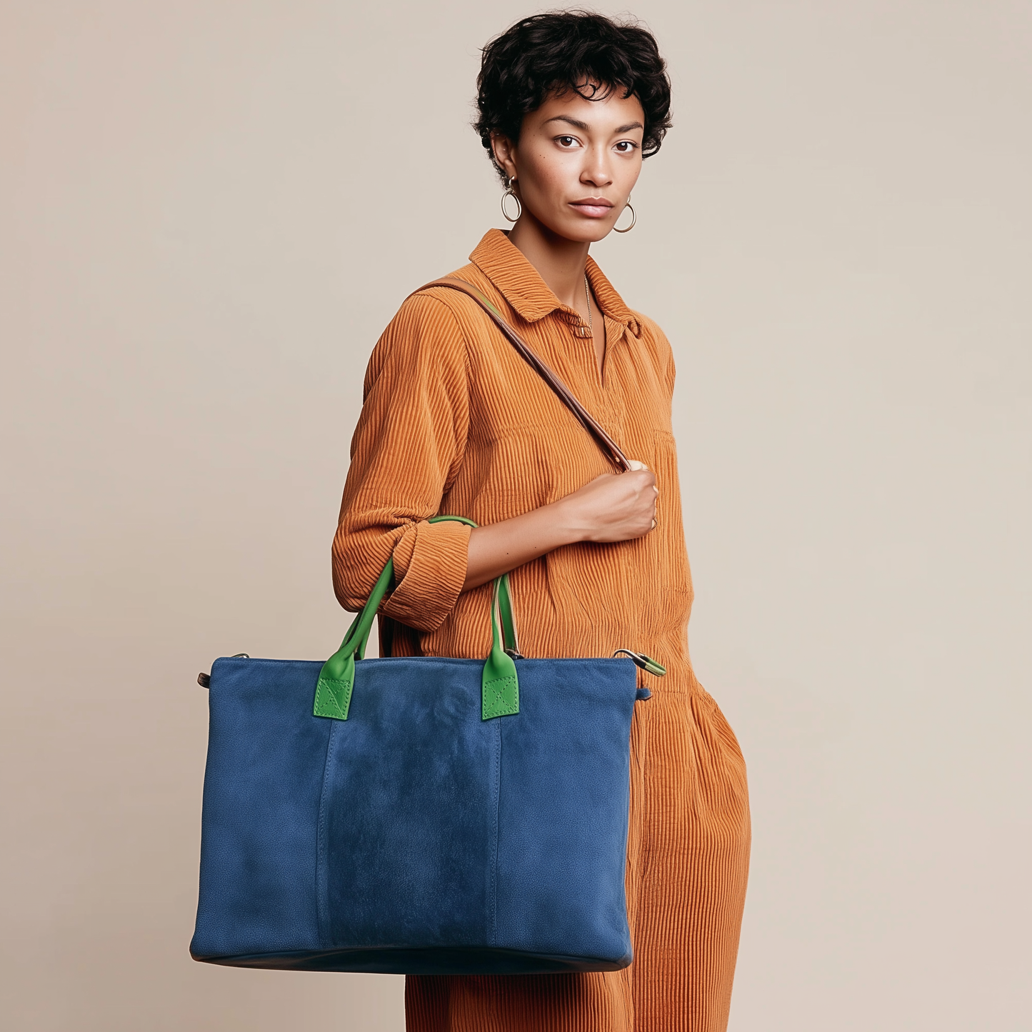 Milano Suede Bag, Blue, with Adjustable Shoulder Strap, Fuchsia & Green Leather Handles by Clemés