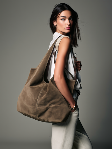 Giannina Suede Leather Shoulder Tote Bag by Clemés (Taupe)
