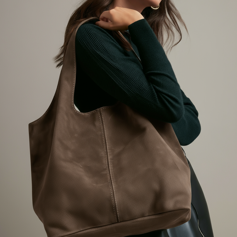 Giannina Suede Leather Shoulder Tote Bag by Clemés (Taupe)
