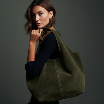 Giannina Suede Leather Shoulder Tote Bag by Clemés (Dark Olive)